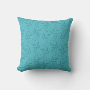 Teal blue leaf swirl designer throw pillow