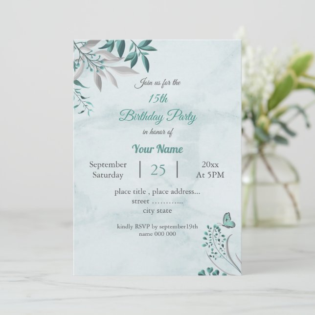 teal blue leaves botanical birthday party invitati invitation (Standing Front)