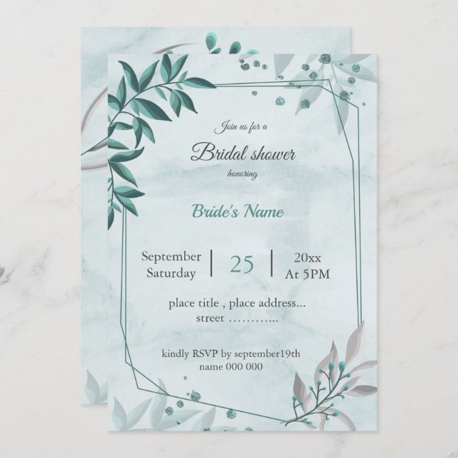 teal blue leaves floral geometric bridal shower invitation (Front/Back)