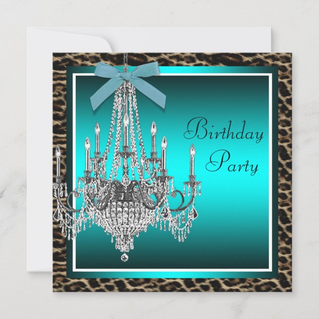 Teal Blue Leopard Chandelier Birthday Party Invitation (Front)