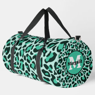 Teal Blue Leopard Print Monogram Large Duffel Bag