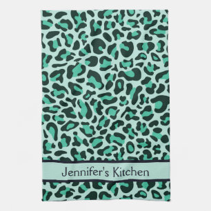 Teal Blue Leopard Print Retro Kitchen Towel