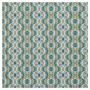 Teal Blue Lime Green Taupe Aztec Mosaic Pattern Fabric