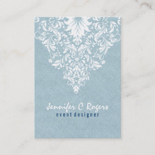 Teal Blue Linen Texture White Floral Lace Business Card