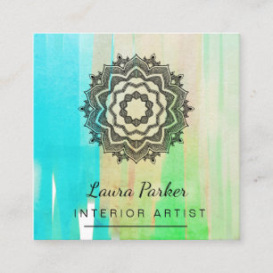 Teal Blue Lotus Modern Paint Watercolor Artist Square Business Card