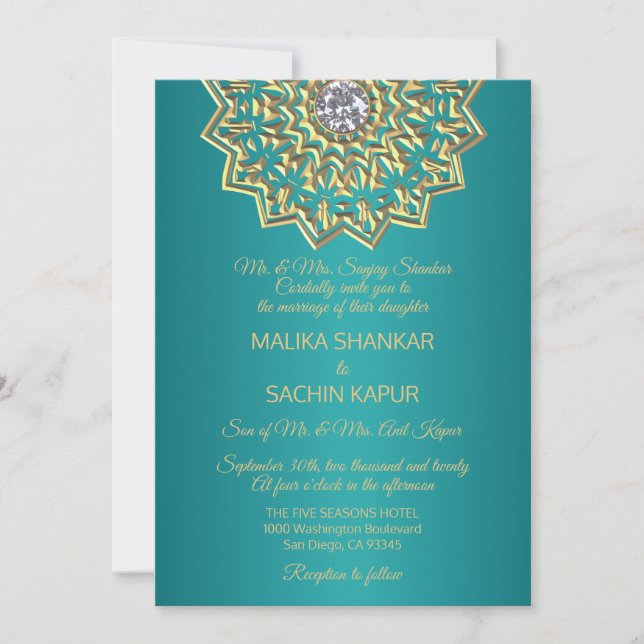 Teal Blue Mandala Gold Indian Wedding Invitation (Front)