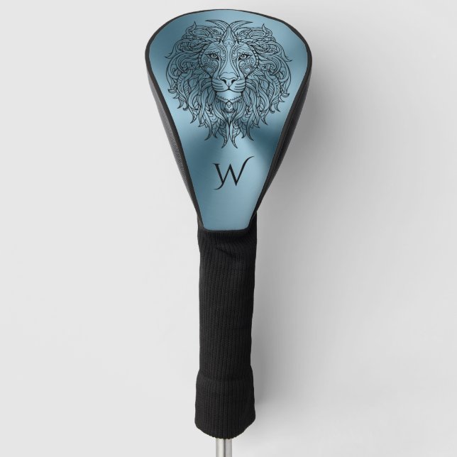 Teal Blue Mandala Lion Head Monogram Initial  Golf Head Cover (Front)