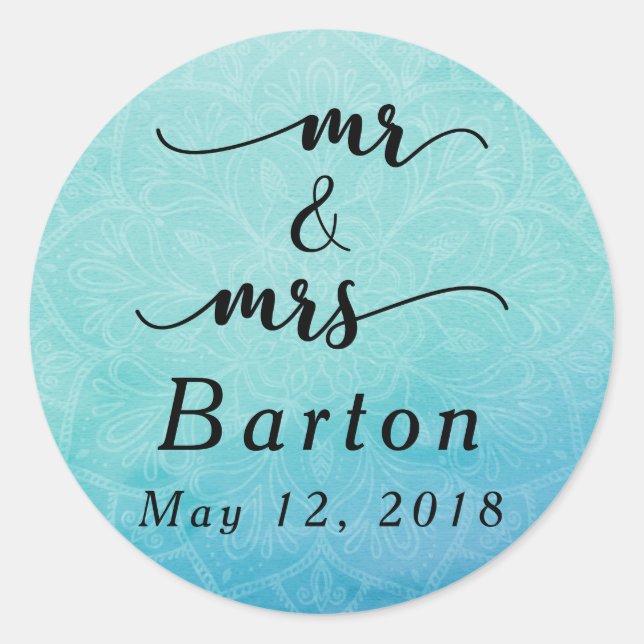 Teal & Blue Mandala Wedding Celebration, 1 Classic Round Sticker (Front)