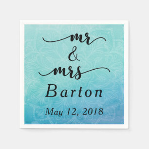 Teal & Blue Mandala Wedding "Mr & Mrs" Typography Napkin