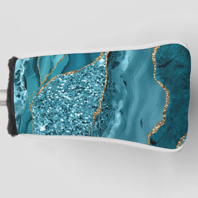 Teal Blue Marble Geode Gold Glitter Agate Golf Head Cover (Front)