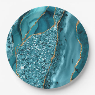Teal Blue Marble Geode Gold Glitter Agate Paper Plate