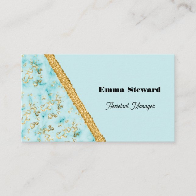 Teal Blue Marble Glam Gold & Glitter Business Card (Front)