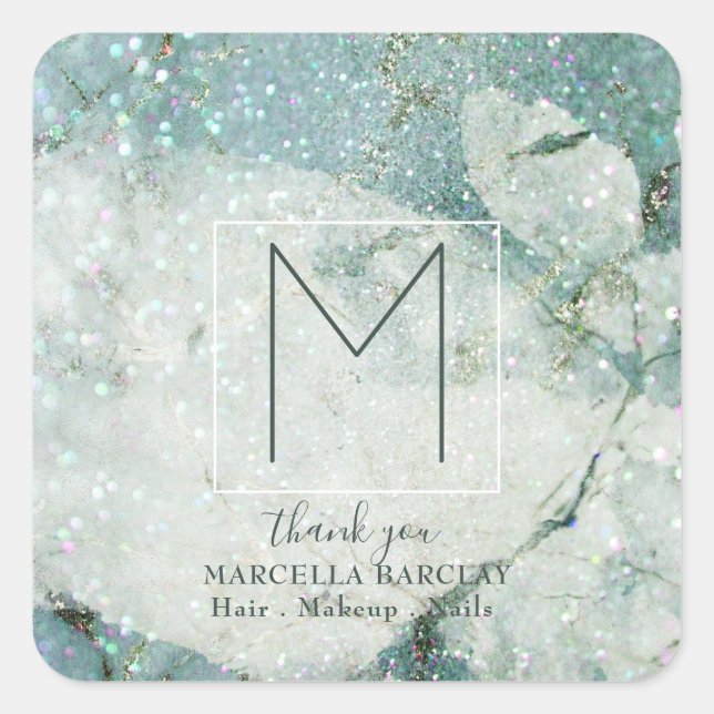 Teal Blue Marble Sparkle Monogram Square Sticker (Front)