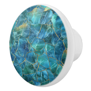 Teal Blue Marble Texture with Gold Veins Ceramic Knob