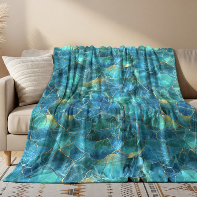 Teal Blue Marble Texture with Gold Veins Fleece Blanket (Creator Uploaded)