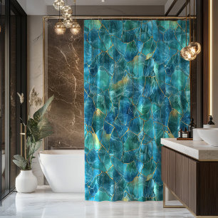 Teal Blue Marble Texture with Gold Veins Shower Curtain