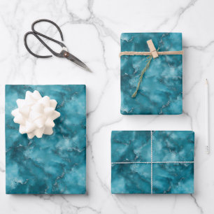 Teal Blue Marble Wrapping Paper Sheet