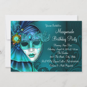 Teal Blue Mask Masquerade Party Invitation