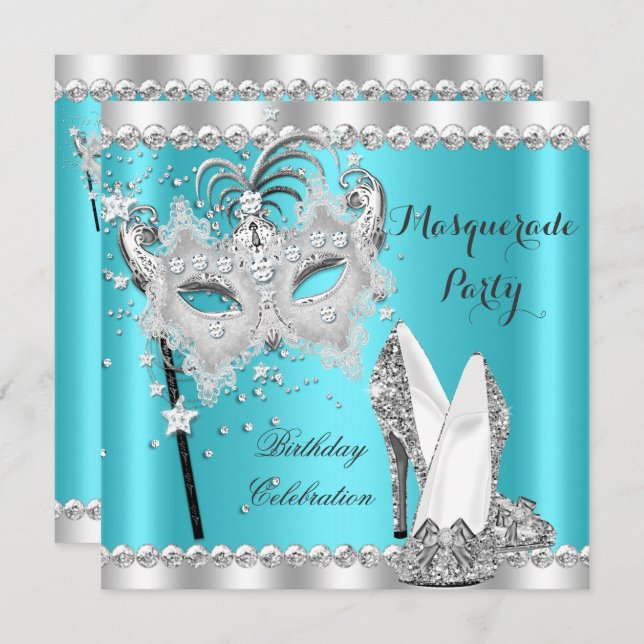 Teal Blue Masquerade Mask Hi Heels Birthday Party Invitation (Front/Back)