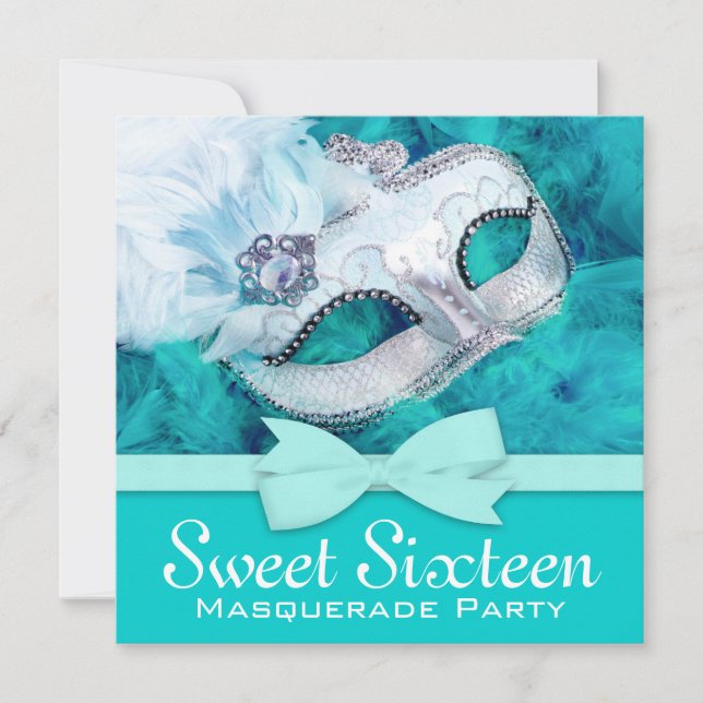 Teal Blue Masquerade Party Invitations (Front)