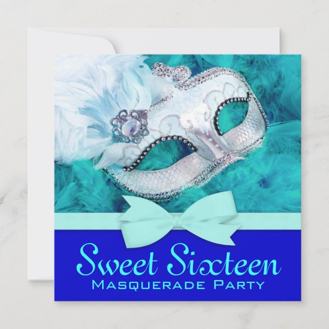 Teal Blue Masquerade Party Invitations (Front)