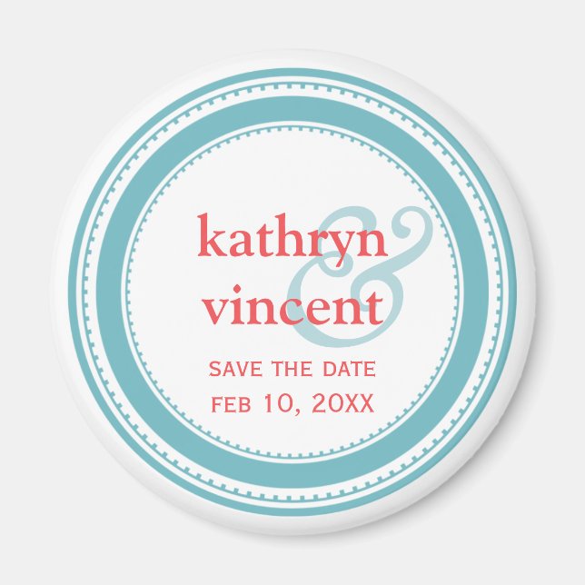 Teal blue medallion ampersand circle save the date magnet (Front)