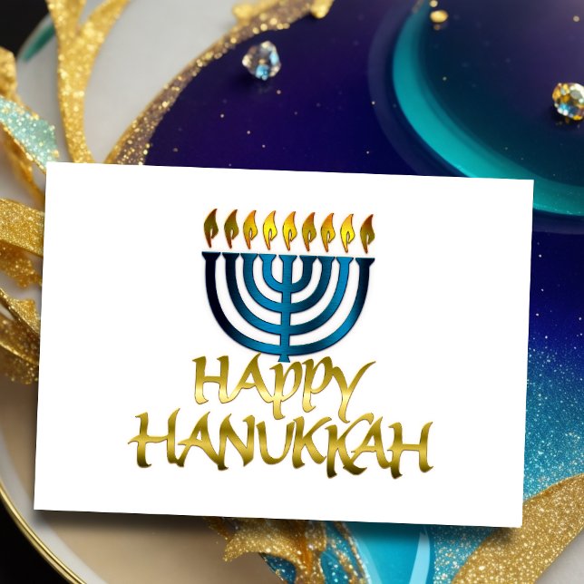 Teal Blue Menorah Flames Happy Hanukkah Card (Creator Uploaded)