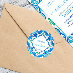 Teal blue Mexican Talavera bride and groom names Classic Round Sticker