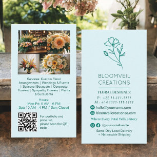 Teal blue minimalist florist photos qr code business card