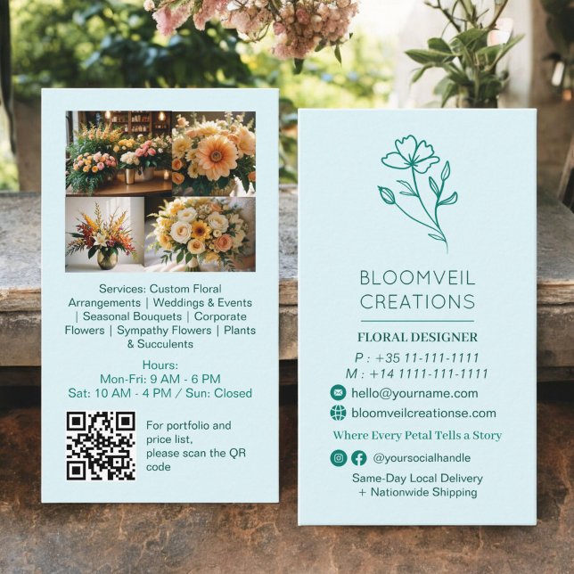 Teal blue minimalist florist photos qr code business card (Teal blue minimalist florist photos qr code business card)