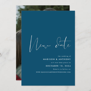Teal Blue Minimalist Photo New Date Wedding Announcement
