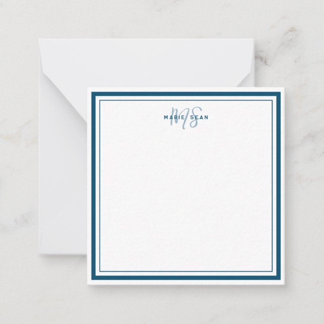 Teal Blue Minimalist Simple Monogram Two Border Card (Front)