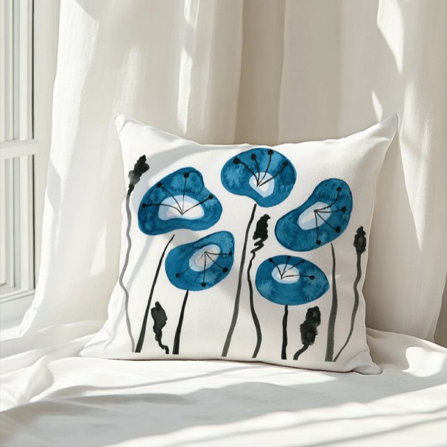 Teal Blue Modern Poppy Painting Cushion (Creator Uploaded)