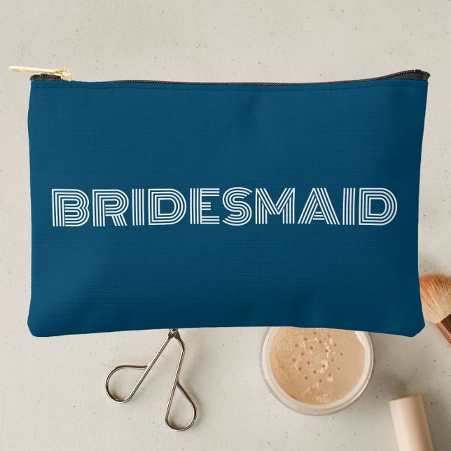 Teal Blue Modern Typography Bridesmaid Accessory Pouch (In Situ Makeup)