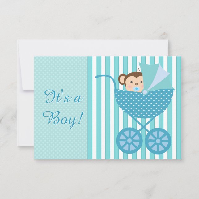 Teal Blue Monkey Baby Shower Invitation (Front)