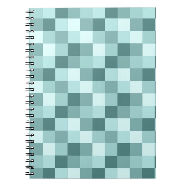 Teal Blue Monochrome Chequered Pattern Spiral Notebook (Front)