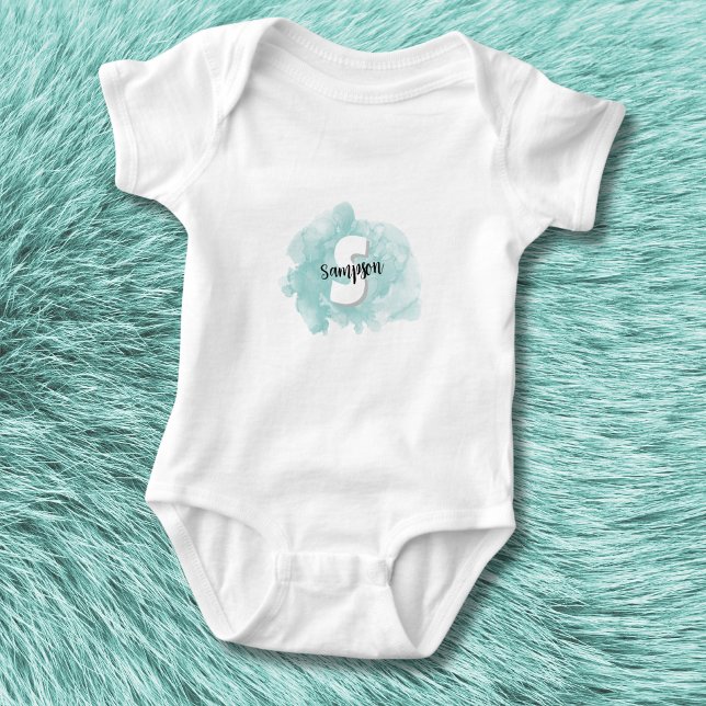 Teal Blue Monogram Baby Boy Baby Bodysuit (Cute Modern Watercolor Teal Blue Monogram Baby Boy Baby Bodysuit)