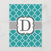 Teal Blue Monogram Letter D Quatrefoil