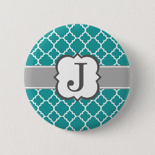 Teal Blue Monogram Letter J Quatrefoil 6 Cm Round Badge