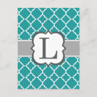 Teal Blue Monogram Letter L Quatrefoil