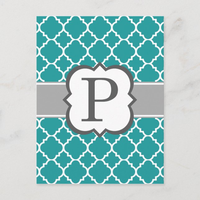 Teal Blue Monogram Letter P Quatrefoil Postcard (Front)