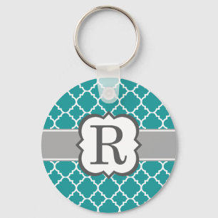 Teal Blue Monogram Letter R Quatrefoil Key Ring