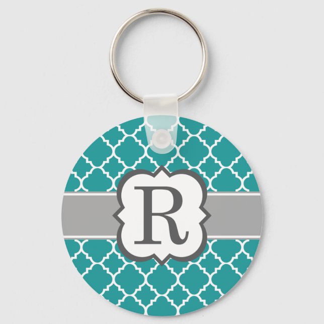 Teal Blue Monogram Letter R Quatrefoil Key Ring (Front)