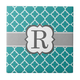 Teal Blue Monogram Letter R Quatrefoil Tile