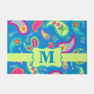 Teal Blue Monogram Modern Paisley Pattern Doormat