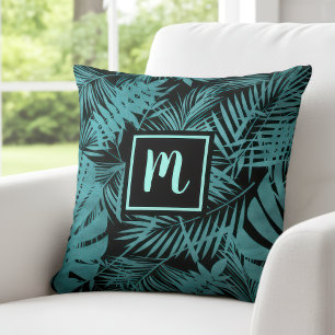 Teal blue monogram tropical palm leaf pattern bold cushion