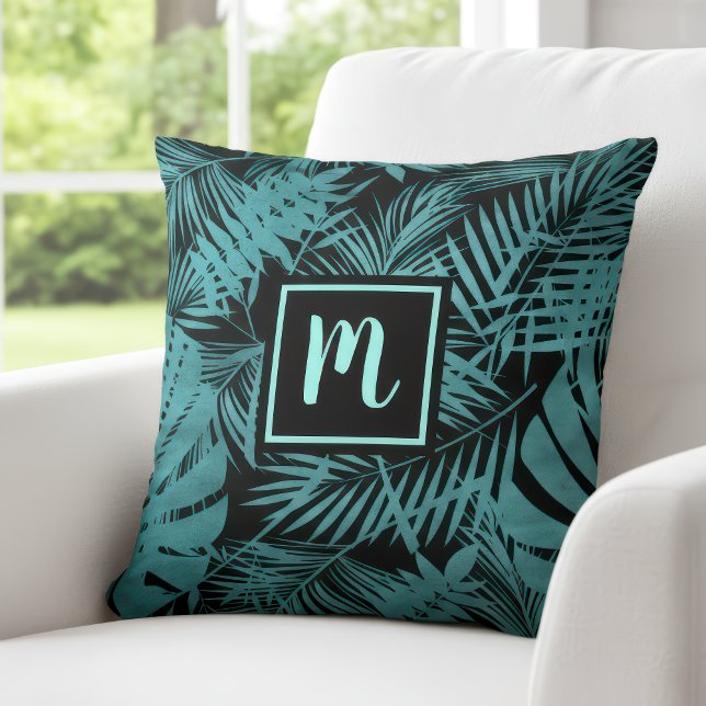 Teal blue monogram tropical palm leaf pattern bold cushion (Creator Uploaded)