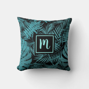 Teal blue monogram tropical palm leaf pattern bold cushion