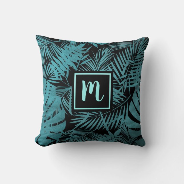 Teal blue monogram tropical palm leaf pattern bold cushion (Front)