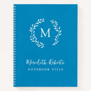 Teal Blue Monogram Wreath Personalised Name Notebook